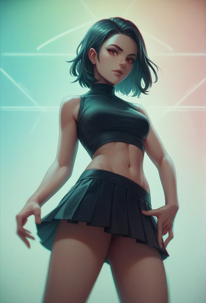 girl in a short skirt, one, волосы Twin-Tail, hair color red black, 3D wallpaper in high quality, neon space in the background.