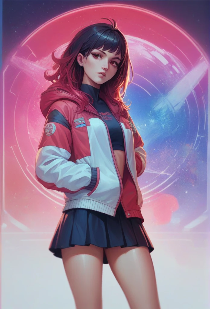 girl in a short skirt, one, волосы Twin-Tail, hair color red black, 3D wallpaper in high quality, neon space in the background.