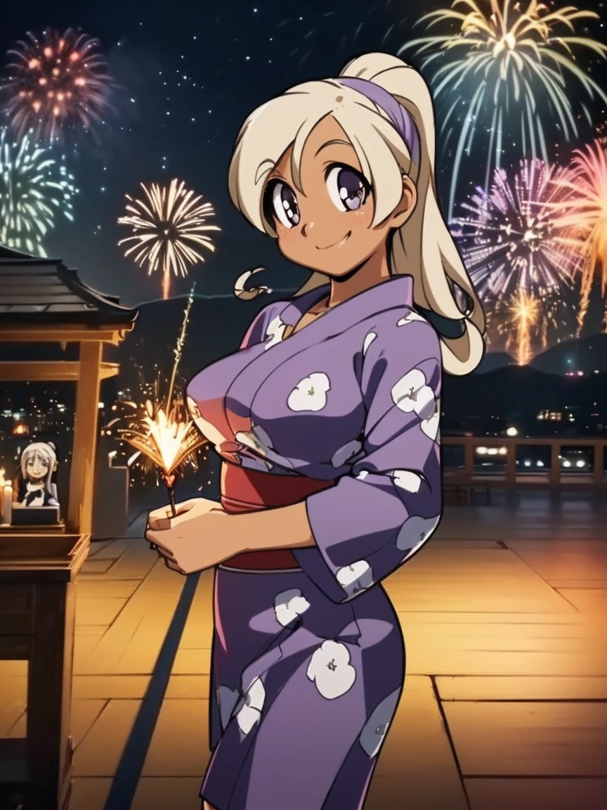 アニメ,アニメ style,high resolution、high quality、masterpiece、4K,8K,(yukata,large breasts),((pony tail,(Hyuuga miki,Final Romance, Long hair, Blonde hair,((Brown skin)),purple eyes)),happy smile),(shrine、firework、Night view、crowd、looking at viewer:1.4)