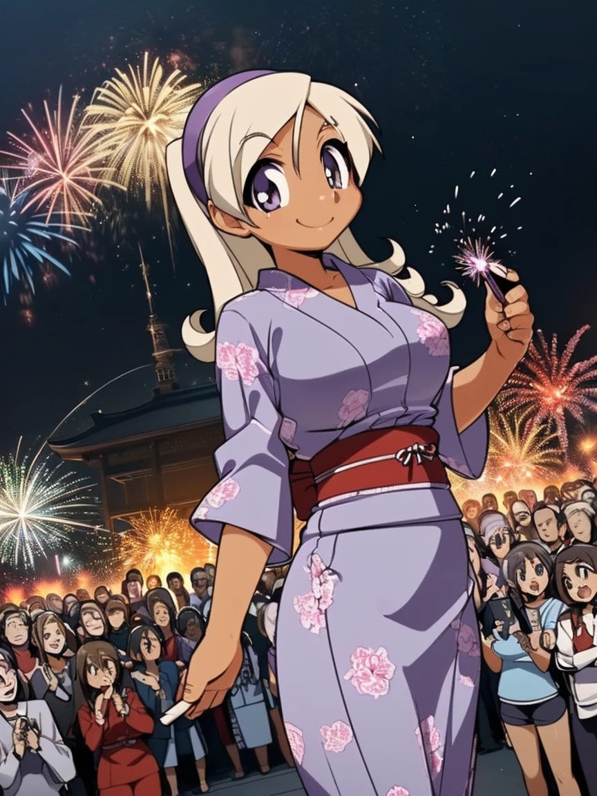 アニメ,アニメ style,high resolution、high quality、masterpiece、4K,8K,(yukata,large breasts),((pony tail,(Hyuuga miki,Final Romance, Long hair, Blonde hair,((Brown skin)),purple eyes)),happy smile),(shrine、firework、Night view、crowd、looking at viewer:1.4)