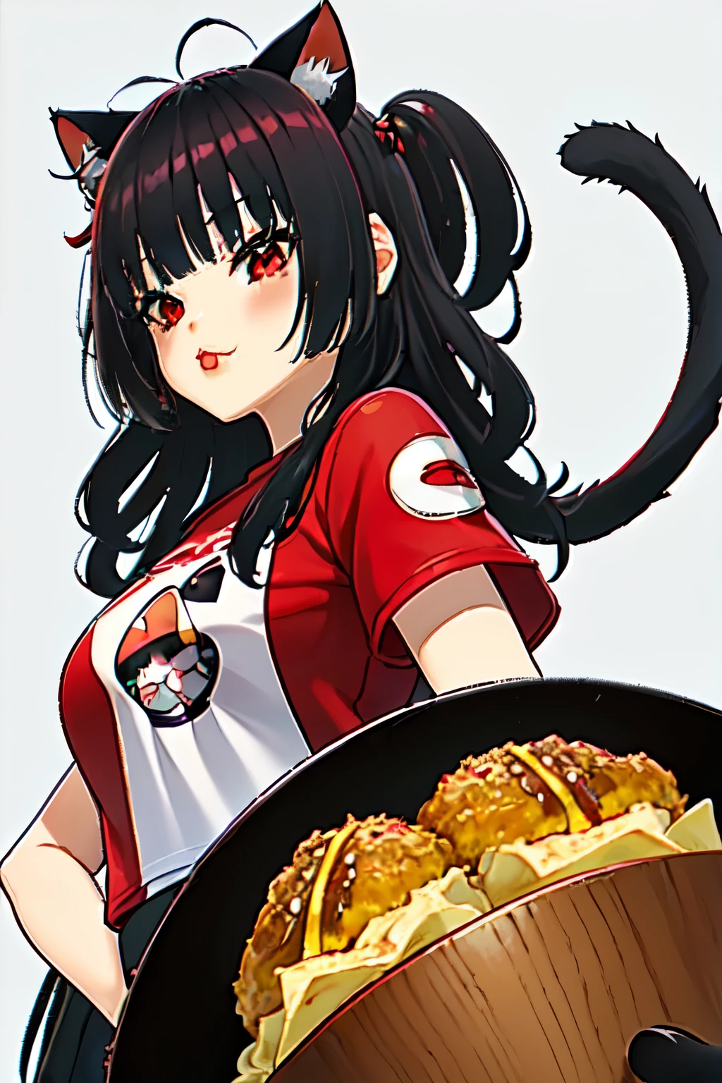 ((junkotvv black hair with bangs and cat ears, Red eyes)), )High school girl eating kfc burger wearing kfc print t-shirt, holding a KFC burger in one hand and KFC fries in the other
