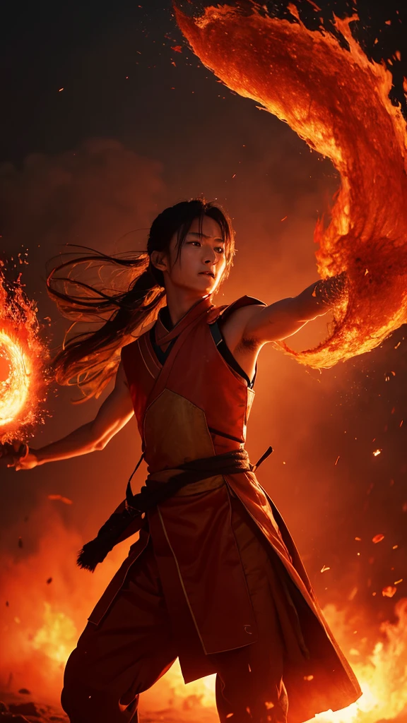 Nurarihyon throws his fan open, revealing a scene of a fiery red sun painted on its surface. This is the signal for attack. High resolution, 9:16 aspect ratio, dramatic and symbolic gesture.