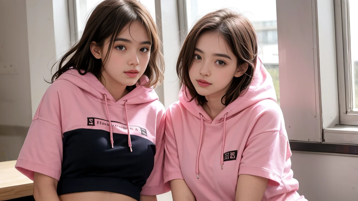 deux femmes ensemble de 18 ans sexy et mince , pink short sleeve hoodie , jambe visible , se touche,salle de classe,position sensuel