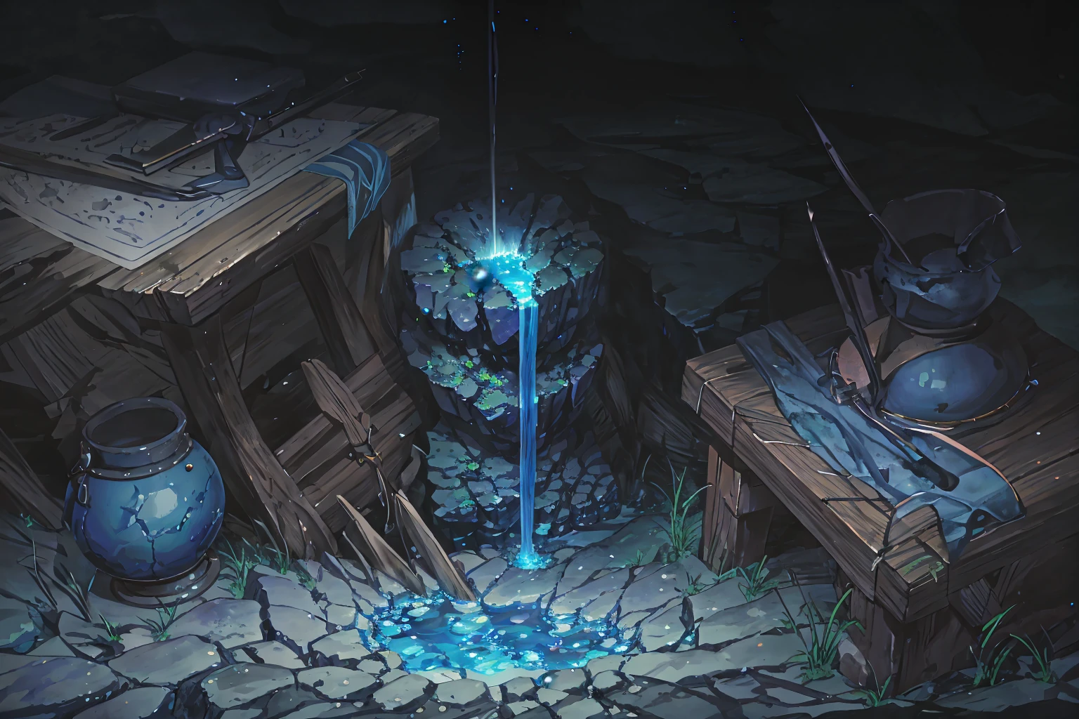 summer, blue lava rock area, blue lava rock formation, (illustration : 1.0), Narrative composition, realistic lighting, HD detail, masterpiece, best quality best, (Highly detailed CG integrated 8k wallpaper), wide and flat rocky area, A small, sharp, rough rock at the top of the screen., Blue liquid flowing through a crevice in the rock,