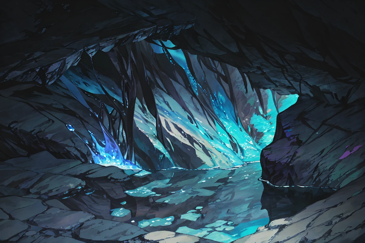summer, blue lava rock area, blue lava rock formation, (illustration : 1.0), Narrative composition, realistic lighting, HD detail, masterpiece, best quality best, (Highly detailed CG integrated 8k wallpaper), wide and flat rocky area, A small, sharp, rough rock at the top of the screen., Blue liquid flowing through a crevice in the rock,