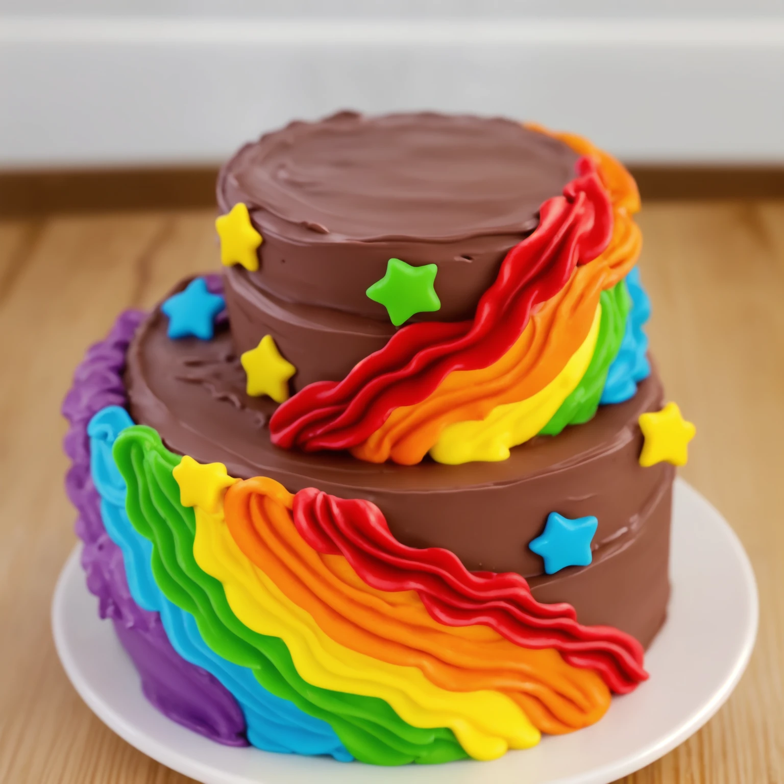 on a wooden table. there is a white plate. double tier chocolate cake ((chocolate cream texture, strokes of a pastry spatula)), rainbow cream in stitches, decorated with rainbow stars made of polymer clay, multi-colored cream on top ((cream highlights)), against the background of the kitchen, Beautiful light from the window, contour light, Multiple light sources, beautiful lighting, Bright light source, bright lighting, beautiful light sources, Multiple light sources, Realistic style , realistic texture, detailed texture, A high resolution, high quality, macro photography