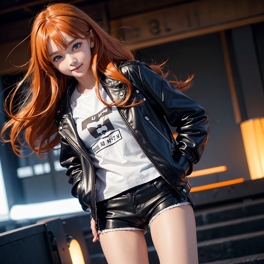 Elementary school girl,smile,Best Quality,8K,Highest quality,cute,fluffy,Angel,Long Hair,leather jacket,blue eyes,美しいcute女の子,Horny girl,Leather shorts,Orange hair color,Latest Fashion,Girl,Loli girl,