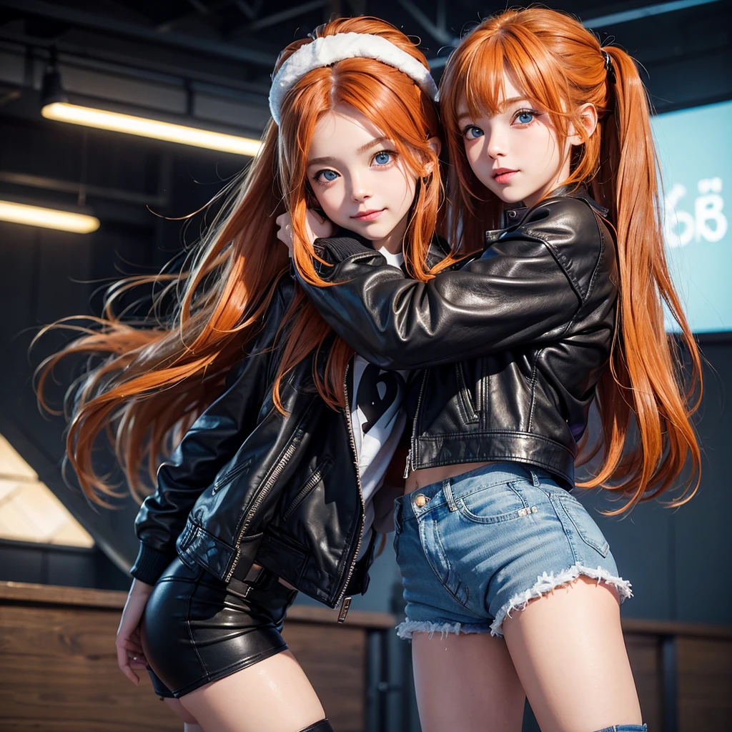 Elementary school girl,smile,Best Quality,8K,Highest quality,cute,fluffy,Angel,Long Hair,leather jacket,blue eyes,美しいcute女の子,Horny girl,Leather shorts,Orange hair color,Latest Fashion,Girl, girl,