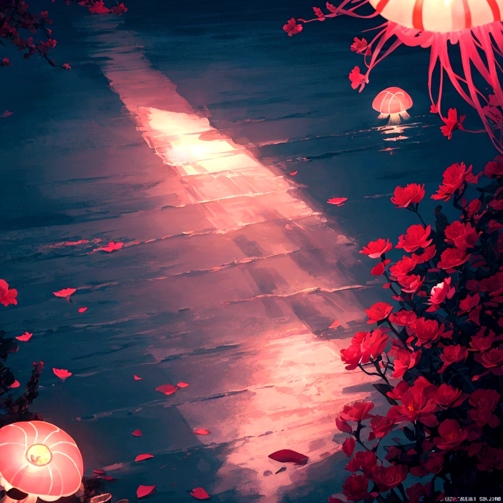 Seaside at night,Long shot,There is glowing sea water in the lower right corner of the picture,Glowing red flowers floating on the water、petal、Pink jellyfish、shell,Clear edge glow rendering,Screen fragmentation,Strong color contrast,Emphasize the bright colors in the lower right corner,Light and Shadow Art,Gorgeous, romantic, beautiful and dreamy atmosphere,Large game CG scenes,Light painting rendering,