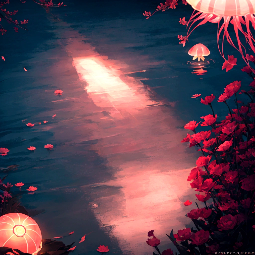 Seaside at night,Long shot,There is glowing sea water in the lower right corner of the picture,Glowing red flowers floating on the water、petal、Pink jellyfish、shell,Clear edge glow rendering,Screen fragmentation,Strong color contrast,Emphasize the bright colors in the lower right corner,Light and Shadow Art,Gorgeous, romantic, beautiful and dreamy atmosphere,Large game CG scenes,Light painting rendering,