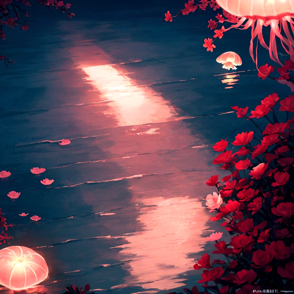 Seaside at night，Long shot，There is glowing sea water in the lower right corner of the picture，Glowing red flowers floating on the water、petal、Pink jellyfish、shell，Clear edge glow rendering，Screen fragmentation，Strong color contrast，Emphasize the bright colors in the lower right corner，Light and Shadow Art，Gorgeous, romantic, beautiful and dreamy atmosphere，Large game CG scenes，Light painting rendering，