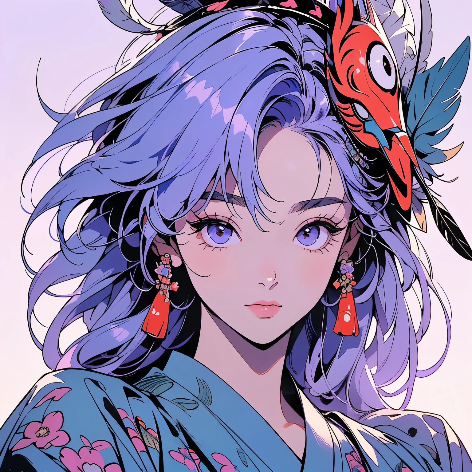 kimono, 完璧なkimono, 詳細なkimono, first-class, Super detailed, White background only, (((Super detailedな装飾))),One Woman, Perfect Face, Faint lighting, (((head shot))), Super detailedな髪、(((Sparkling Eyes))),mysterious, The wind is blowing, Apparition, Japanese style, Panorama, Long Shot, (((Narrow-eyed beauty))),(((Indian-style feather headdress on head))),Upper Body,(((Complex eye pattern)))、(((He wears an intricate bird-head mask on his head.)))、A beautiful woman、Detailed face、Best quality face、Large feather ornament,(((Light purple hair)))、peacock feathers