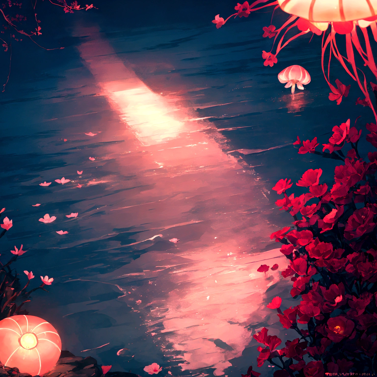 Seaside at night，Long shot，There is glowing sea water in the lower right corner of the picture，Glowing red flowers floating on the water、petal、Pink jellyfish、shell，Clear edge glow rendering，Screen fragmentation，Strong color contrast，Emphasize the bright colors in the lower right corner，Light and Shadow Art，Gorgeous, romantic, beautiful and dreamy atmosphere，Large game CG scenes，Light painting rendering，