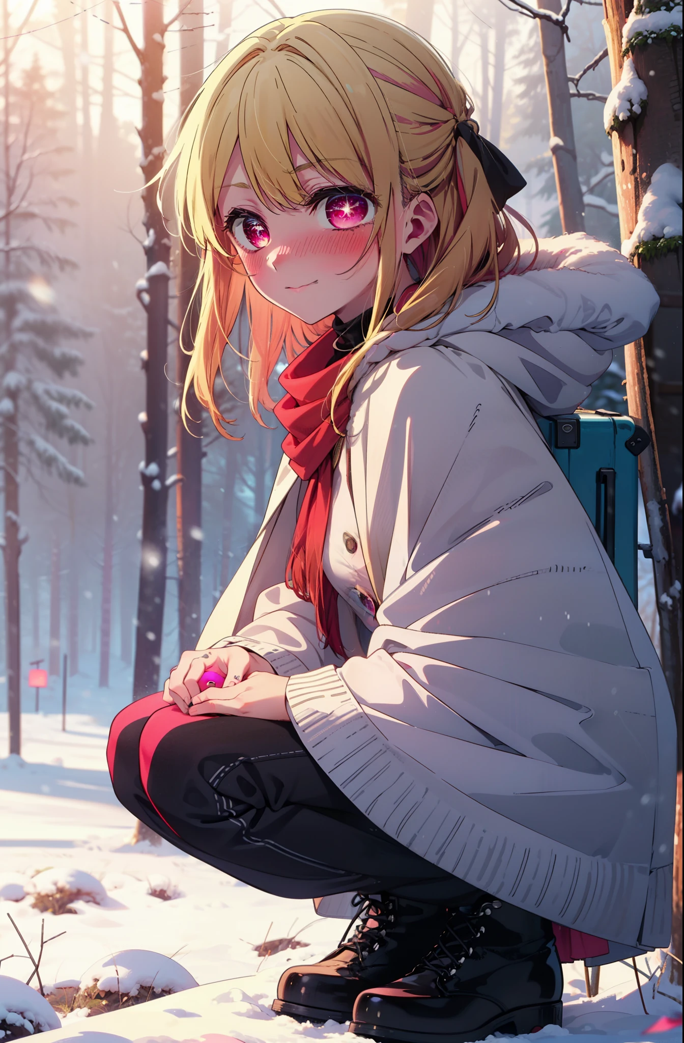 rubyhoshino, Hoshino Ruby, Long Hair, bangs, Blonde, (Pink Eyes:1.3), Side Lock, (Symbol-shaped pupil:1.5), Multicolored Hair, Two-tone hair, smile,,smile,blush,White Breath,
Open your mouth,snow,Ground bonfire, Outdoor, boots, snowing, From the side, wood, suitcase, Cape, Blurred, , forest, White handbag, nature,  Squat, Mouth closed, Cape, winter, Written boundary depth, Black shoes, red Cape break looking at viewer, Upper Body, whole body, break Outdoor, forest, nature, break (masterpiece:1.2), Highest quality, High resolution, unity 8k wallpaper, (shape:0.8), (Beautiful and beautiful eyes:1.6), Highly detailed face, Perfect lighting, Highly detailed CG, (Perfect hands, Perfect Anatomy),