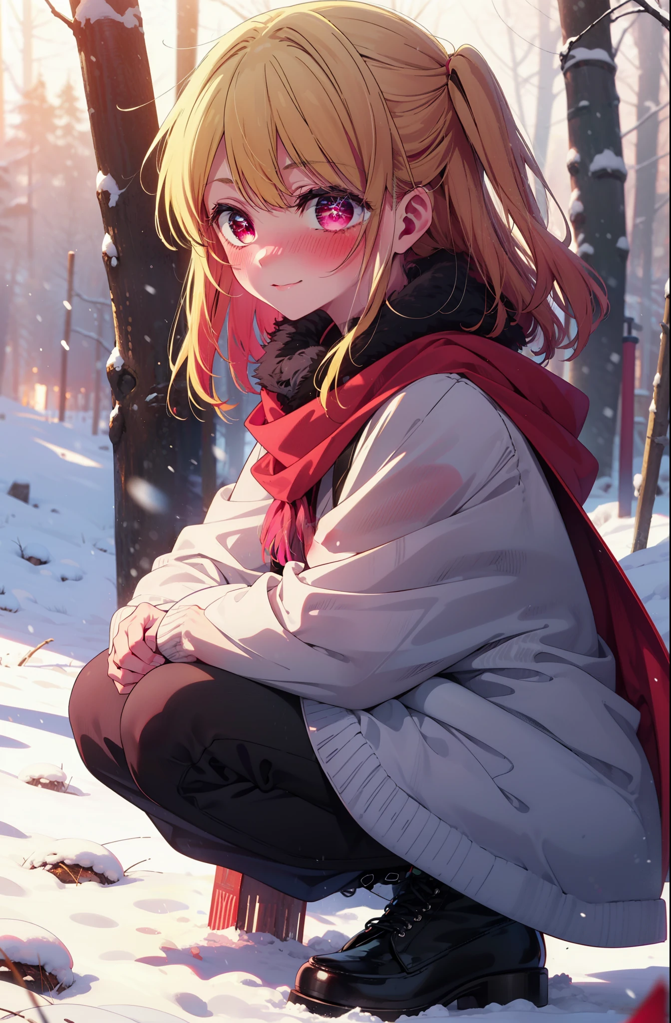 rubyhoshino, Hoshino Ruby, Long Hair, bangs, Blonde, (Pink Eyes:1.3), Side Lock, (Symbol-shaped pupil:1.5), Multicolored Hair, Two-tone hair, smile,,smile,blush,White Breath,
Open your mouth,snow,Ground bonfire, Outdoor, boots, snowing, From the side, wood, suitcase, Cape, Blurred, , forest, White handbag, nature,  Squat, Mouth closed, Cape, winter, Written boundary depth, Black shoes, red Cape break looking at viewer, Upper Body, whole body, break Outdoor, forest, nature, break (masterpiece:1.2), Highest quality, High resolution, unity 8k wallpaper, (shape:0.8), (Beautiful and beautiful eyes:1.6), Highly detailed face, Perfect lighting, Highly detailed CG, (Perfect hands, Perfect Anatomy),
