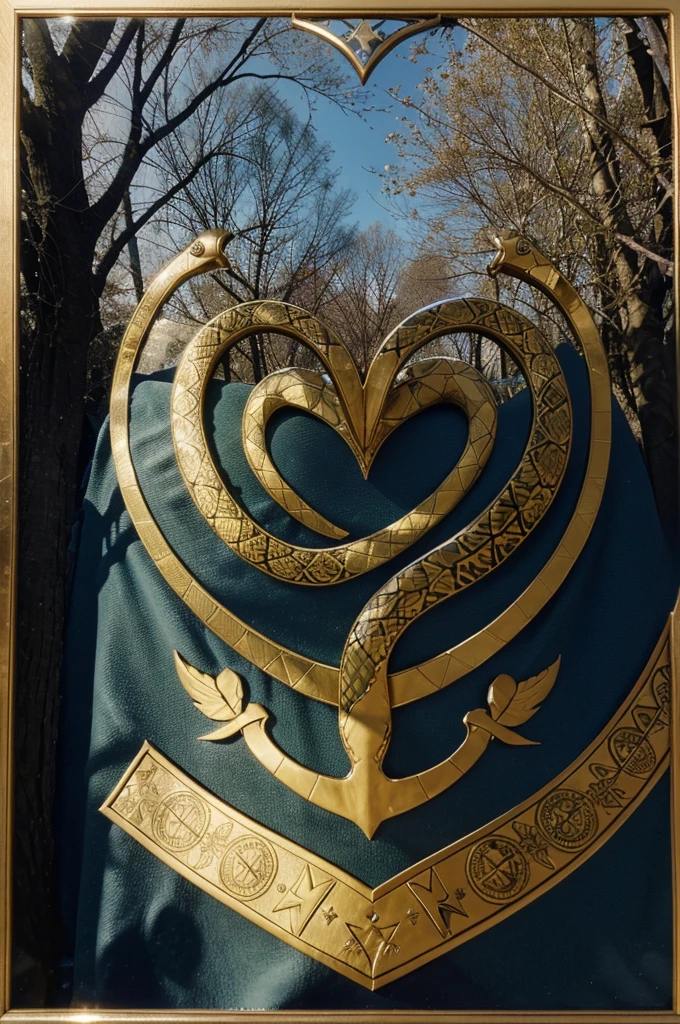 In the foreground, a snake wraps around a patterned magic wand. The image is made in high quality and framed by a vignette of intertwined trees in the shape of a heart.
In the center is the letter "H" on the coat of arms. The image is made in graphic form.