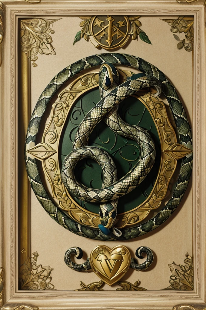 In the foreground, a snake wraps around a patterned magic wand. The image is made in high quality and framed by a vignette of intertwined trees in the shape of a heart. 
In the center is the letter "H" on the coat of arms. The image is made in graphic form.