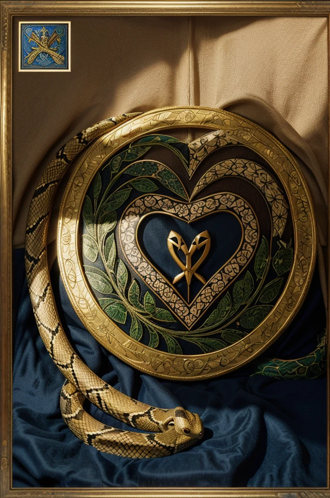 In the foreground, a snake wraps around a patterned magic wand. The image is made in high quality and framed by a vignette of intertwined trees in the shape of a heart. 
In the center is the letter "H" on the coat of arms. The image is made in graphic form.