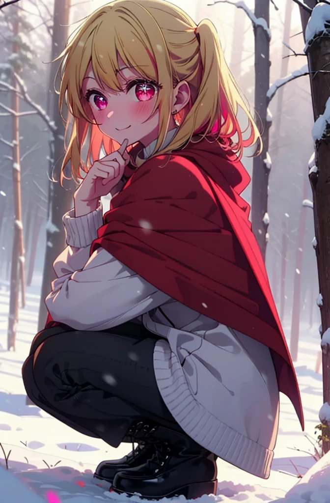 rubyhoshino, Hoshino Ruby, Long Hair, bangs, Blonde, (Pink Eyes:1.3), Side Lock, (Symbol-shaped pupil:1.5), Multicolored Hair, Two-tone hair, smile,,smile,blush,White Breath,
Open your mouth,snow,Ground bonfire, Outdoor, boots, snowing, From the side, wood, suitcase, Cape, Blurred, , forest, White handbag, nature, Squat, Mouth closed, Cape, winter, Written boundary depth, Black shoes, red Cape break looking at viewer, Upper Body, whole body, break Outdoor, forest, nature, break (masterpiece:1.2), Highest quality, High resolution, unity 8k wallpaper, (shape:0.8), (Beautiful and beautiful eyes:1.6), Highly detailed face, Perfect lighting, Highly detailed CG, (Perfect hands, Perfect Anatomy),