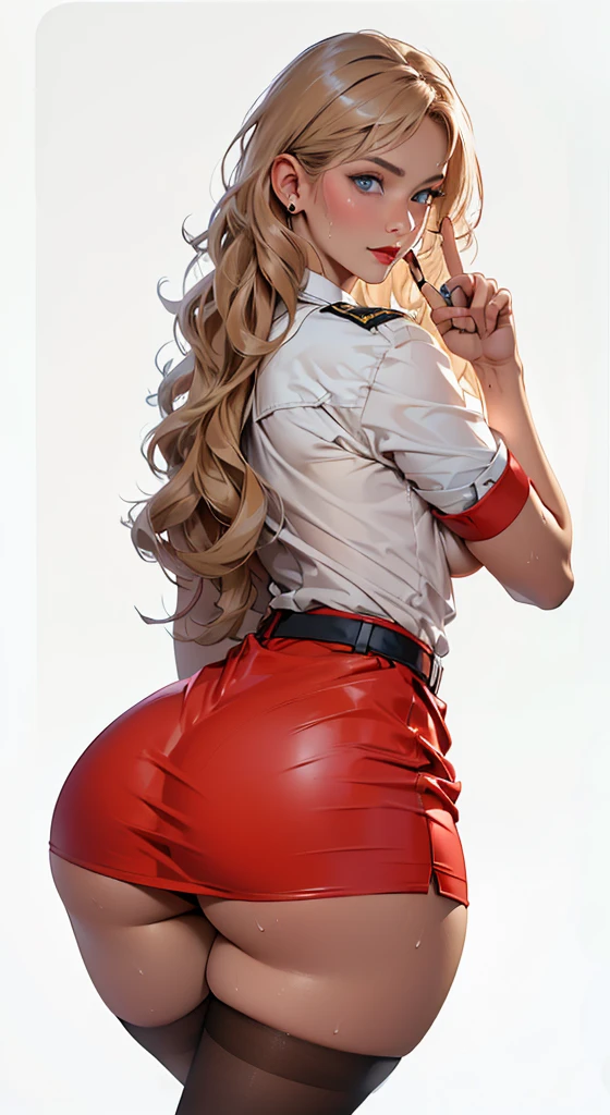1 female、silk stockings,(Super beautiful)、(Pretty Face:1.5)、(A European stewardess1.5)、(Brown curly hair1.2)、(Bangs:1.1)、(Red leather skirt:1.1)、(Flight attendant uniform)、(Tailored Jackets)、(Solid Navy Mini Skirt)、(Brown wavy hair:1.2)、High heel、(Dark Makeup),Smooth and delicate skin,Sweat on the skin,(Masterpiece: 1.4), (8000, Realism, RAW photo, best quality: 1.4), Japanese, (1 girl), beautiful face, (lifelike face: 1.4), (brown wavy roll: 1.3), beautiful hair style, beautiful and meticulous eyes, (best proportion eyes: 1.5), attractive, ultra-high resolution, surRealism, very detailed, best aspect ratio, (meticulous face: 1.4), looking at the audience, red lipstick, (best finger proportion: 1.5), (a beautiful stewardess looking at the camera), [(18 years), whole body, (lifelike blue eyes: 1.2), (strength display In describing the behavior of female superman, (very good, very good: 1.4), lively nipples, (bare nipples, bare breasts, realistic high proportion breasts, realistic big breasts): 1.3), (shut up: 1.4), (camel then cat: 1.3), away from cat,