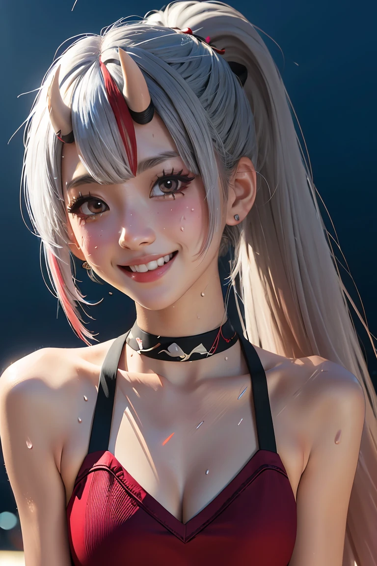 (masterpiece:1.3), (absurdres:1.3), (best quality:1.3), (ultra-detailed:1.3),(best shadow:0.7), (handled hair), pureerosface_v1, perfect anatomy, 1girl, solo, medium breasts, cleavage, virtual youtuber, nakiri ayame, silver hair, hair between eyes, red eyes, ponytail hair, streaked hair, hair ornament, singing, looking at viewer, (sweaty:1.3) concert stadium, ((idol clothes)), concert, outdoors, night, extremely detailed 8K, smooth, high resolution, ultra quality, cinematic lighting, ambient occlusion, hd, 4k, perfect composition, atmospheric lighting, gradient hair, gradient eyes, smiling, facing viewer, look at viewer, close-up,