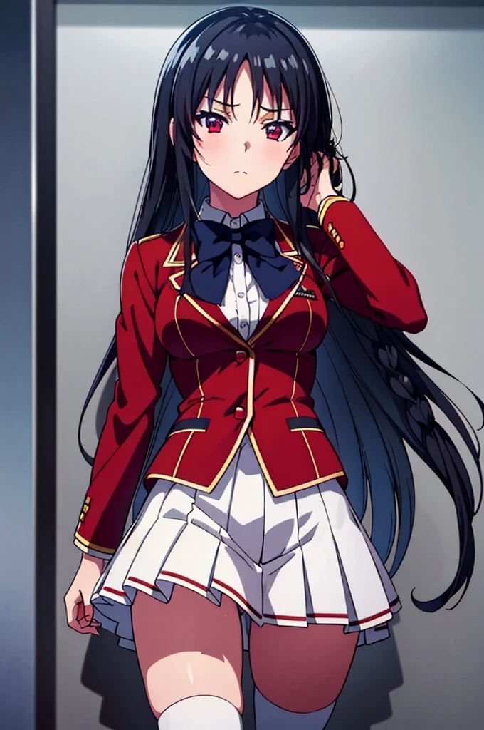 (masterpiece), (ultra detailed), (best illustration), super fine illustration, (official art:1.2), (anime screencap:1.2), detailed beautiful face and eyes, (anime keyvisual:1.5), (perfect anatomy:1.5), 8k portrait,
1girl,
Suzune Horikita,
Suzune Horikita \(youjitsu\),
long hair, braid,
black hair,
(red eyes, slant eyes, small eyes),
blue bow,
medium breasts,
, (red jacket), white skirt, pleated skirt, black thigh-high socks,
looking at viewer,
cowboy shot,
perfect light,