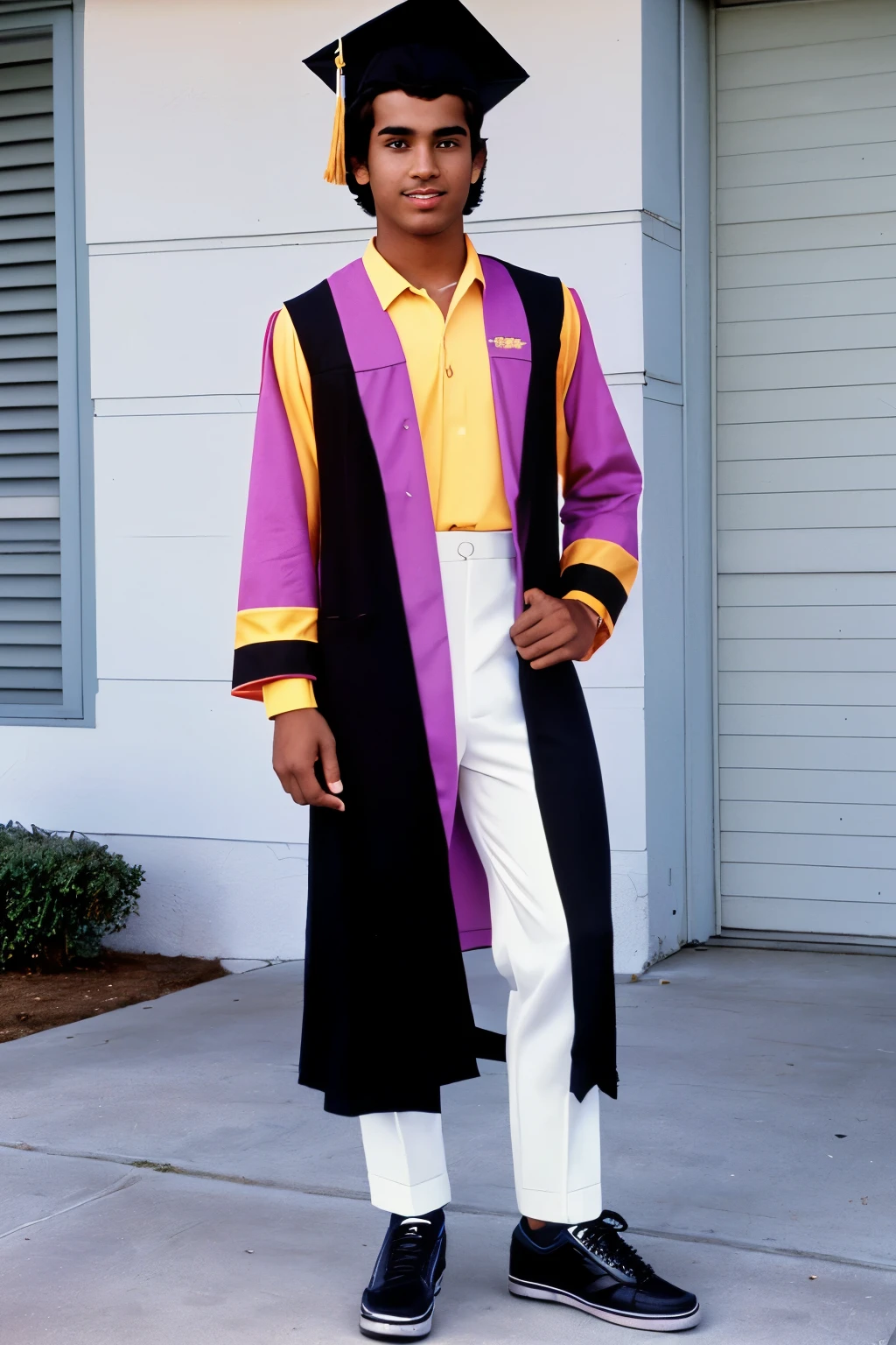 Fremont, California, 1983. full body view of A young ((((20-year-old)) Amir)), graduation outfit, black cap and gown, ((((clothings from the 1980s)))), ((short hairstyle of the 1980s)), ((colorful))