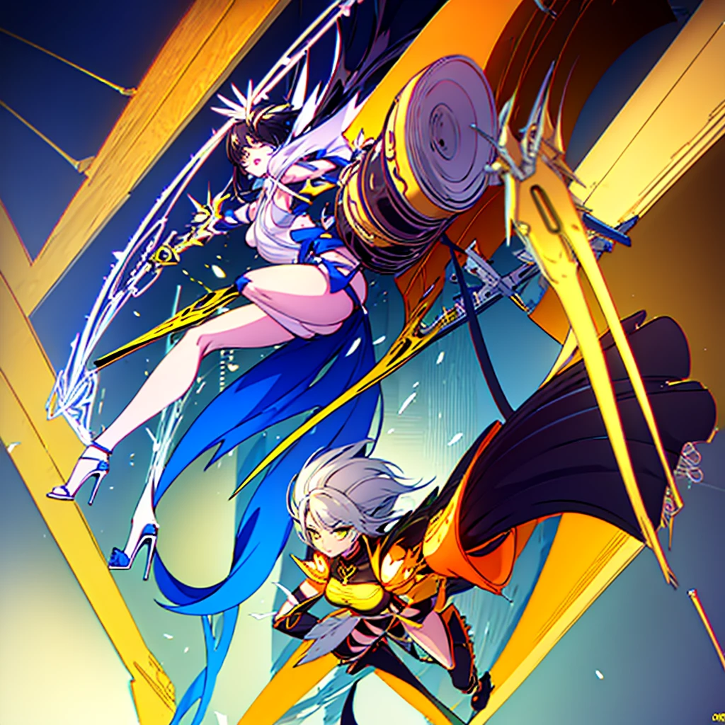 Woman , high yellow heels, long white cyberpunk costume latex , 2 yellow glowing swords behind her back , short black hair , yellow eyes , menacing look , cool pose , image all body