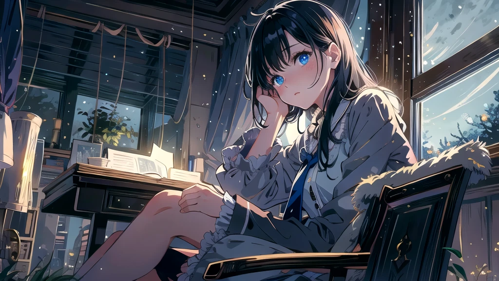 Create an illustration of a girl with black hair and blue eyes, sitting in a chair in front of a desk, Has a sentimental, introspective look。, The moonlight gently shines into the room, Gently illuminate the space, Curtains sway in the wind, Increase tranquility, Gloomy mood, Emphasise the theme of loneliness, silence, And the depths of night, The room is dark、Dimly lit by moonlight