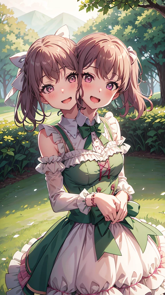 masterpiece, best quality, highres, (Conjoined_dicephalus), (2 heads:1.2), two heads, (1 body:1.5), 2 girl, solo, 2 legs, 2 arms, conjoined twins, solo, huhehe, green eyes, brown hair, short hair, dress, frills, microphone, green_bow, green_choker, holding, holding_microphone, green_bowtie, white_ribbon, bare_shoulders, frilled_dress, wrist_bow, collarbone, green_dress, upper_body, frilled_sleeves, strapless_dress, maruyama_aya_bangdream, pink_hair, bangs, pink_eyes, blush, smile, open_mouth, bow, ribbon, twintails, sidelocks, long_hair, hair_ribbon, hair_bow, choker, happy, cowbow shot, outdoors, forest