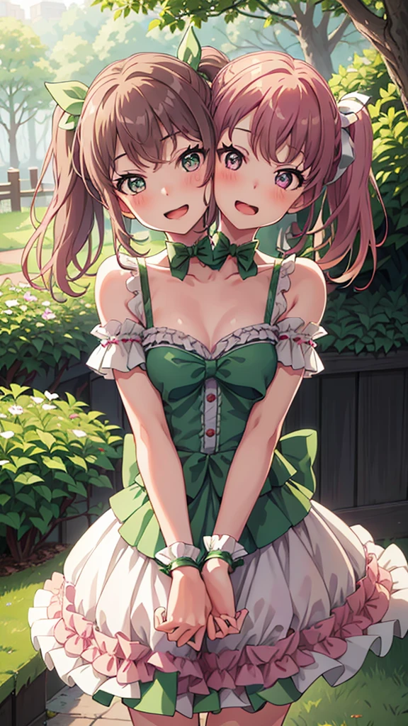 masterpiece, best quality, highres, (Conjoined_dicephalus), (2 heads:1.2), two heads, (1 body:1.5), 2 girl, solo, 2 legs, 2 arms, conjoined twins, solo, huhehe, green eyes, brown hair, short hair, dress, frills, microphone, green_bow, green_choker, holding, holding_microphone, green_bowtie, white_ribbon, bare_shoulders, frilled_dress, wrist_bow, collarbone, green_dress, upper_body, frilled_sleeves, strapless_dress, maruyama_aya_bangdream, pink_hair, bangs, pink_eyes, blush, smile, open_mouth, bow, ribbon, twintails, sidelocks, long_hair, hair_ribbon, hair_bow, choker, happy, cowbow shot, outdoors, forest