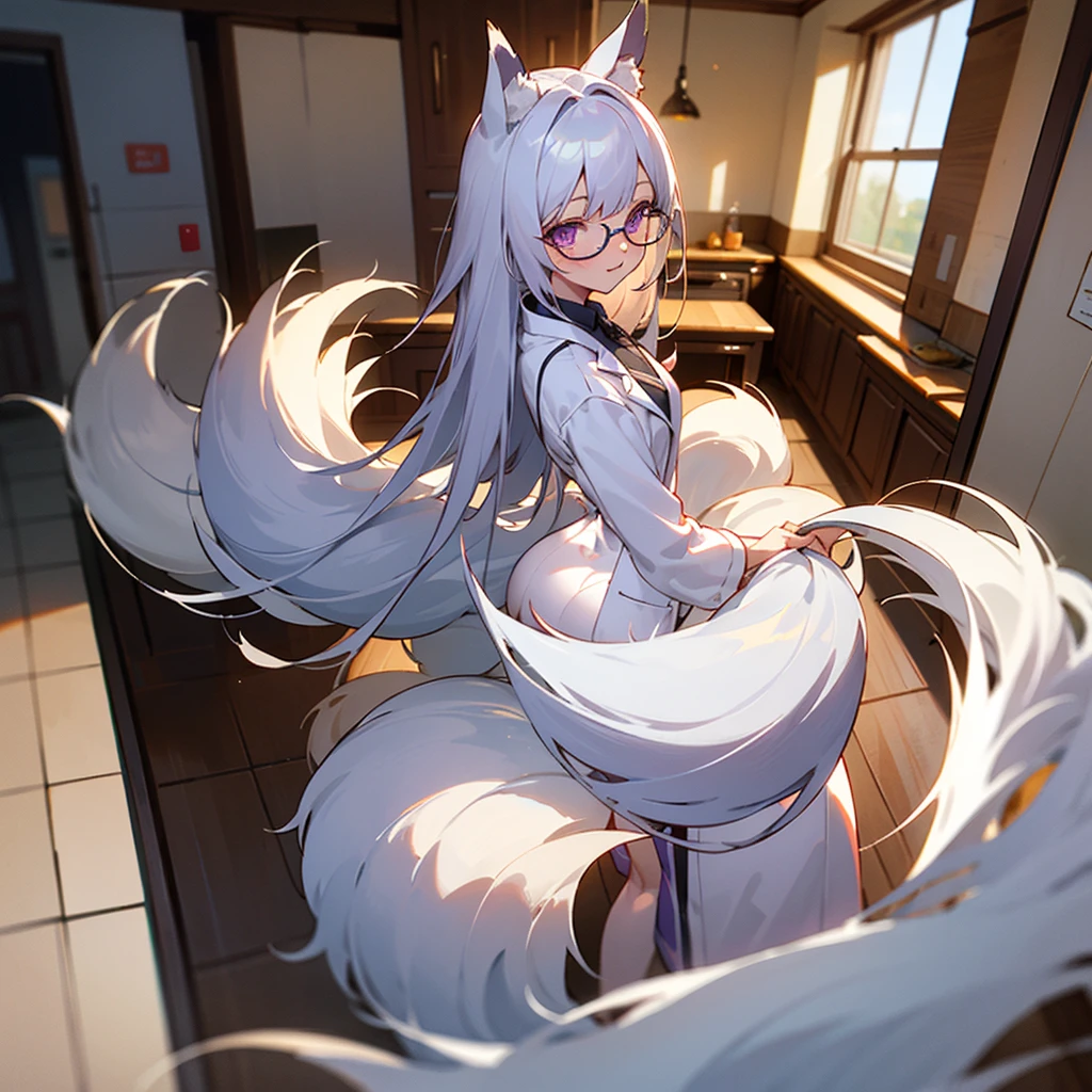 1 girl, silver hair, long hair, fox ears, 2 fox tails, mature body, lab coat, purple eyes, laboratory, glasses, in room, Mansion Kitchen, Best quality, masterpiece, 8K, ass pov,silver tails, Facing the camera, поправляет glasses