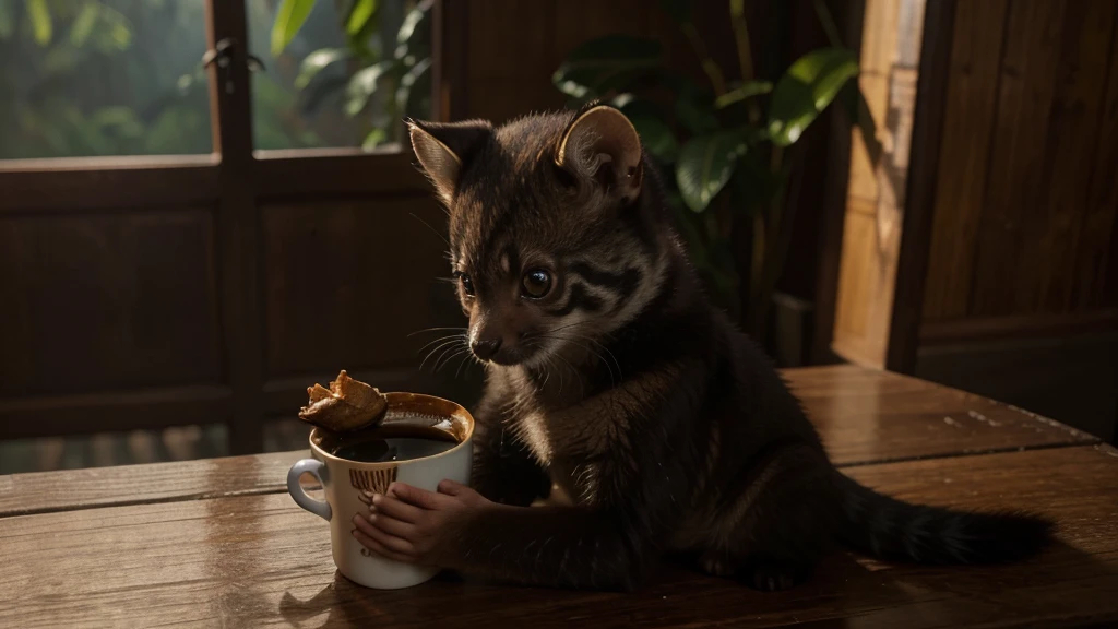 Color sketch. Best quality, full height. 16K. UHD, masterpiece, ultra-realistic detail. Dynamic plot. Hyperrealism. Perfect anatomy. Detailed ideal face. Photorealism. Thematic background.
Cup of Kopi Luwak coffee. Cute animal Musang.
epic scene, movie poster,