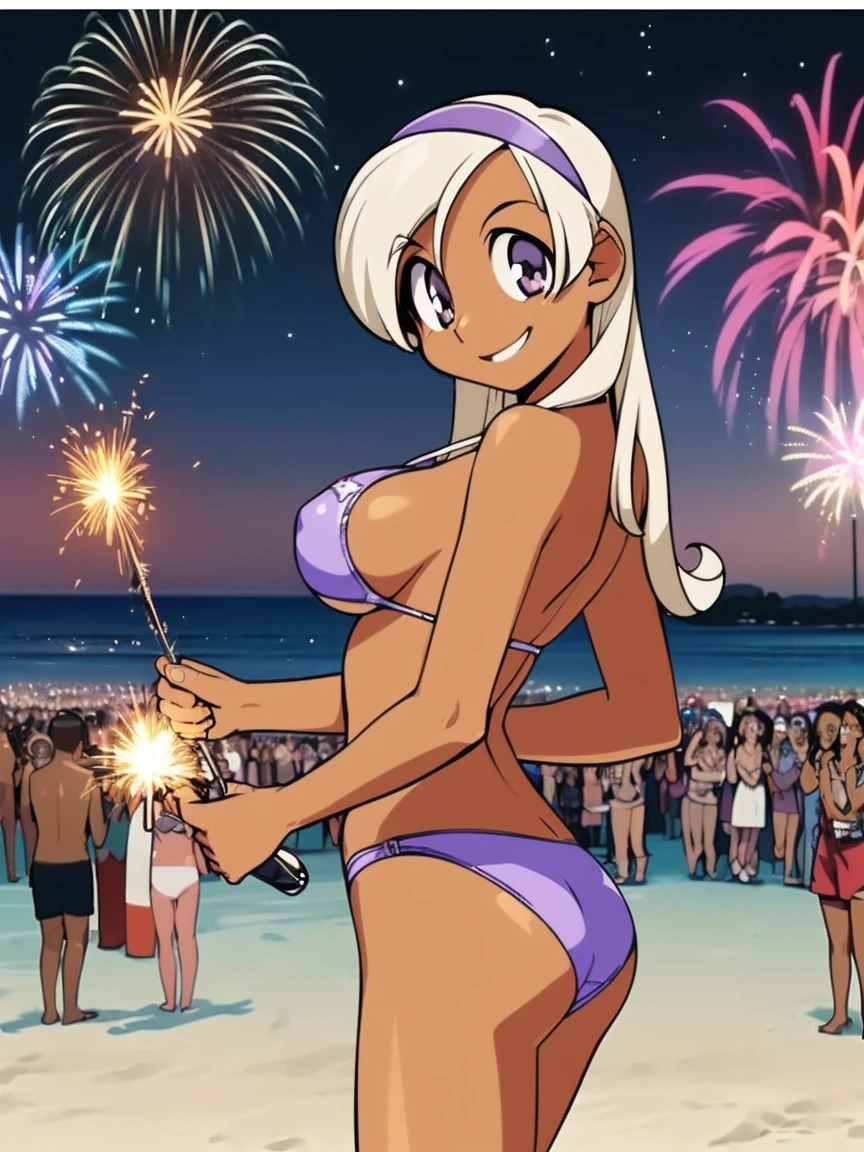 アニメ,アニメ style,high resolution、high quality、masterpiece、4K,8K,(bikini,large,breasts),(((Hyuuga miki,Final Romance, Long hair, Blonde hair,((Brown skin)),purple eyes)),happy smile),(beach、firework、Night view、crowd、looking at viewer:1.4)