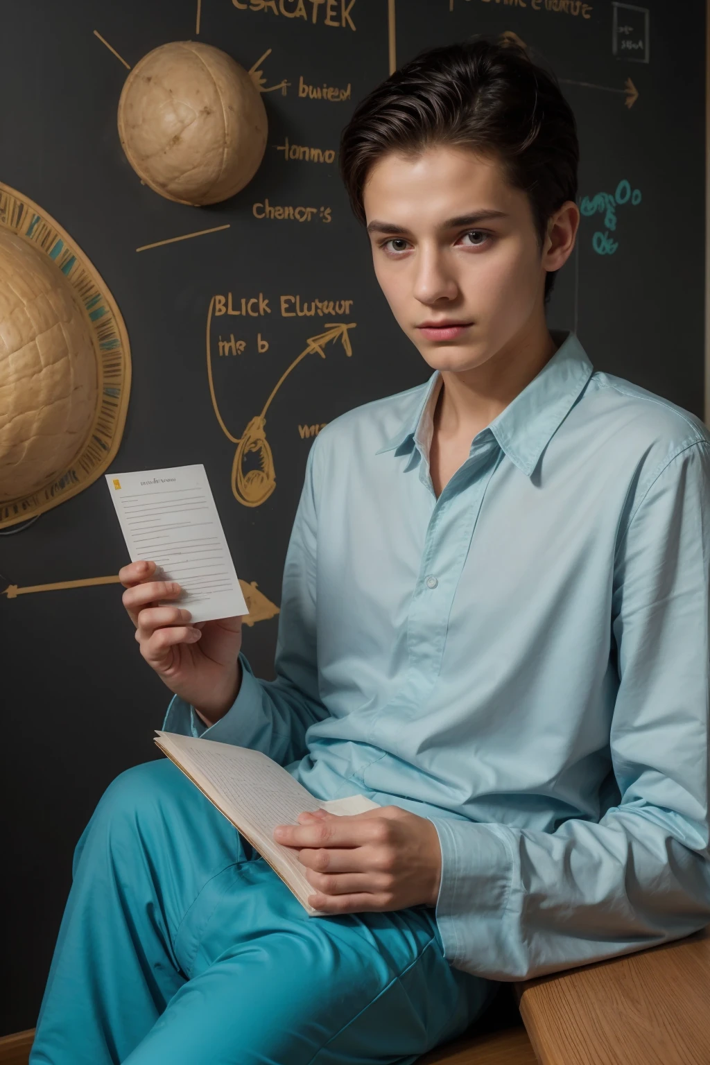 A beautiful young male , cute, with black hair, a face with reddish make-up, wearing a bright white long-sleeved shirt and aqua blue pants. He is in his office, and behind him is a blackboard on which is written the shape of the brain and its anatomy, from which nuclear energy emerges, and in his hand is a manuscript paper. It has the phrase “He is the greatest mind ever.”
