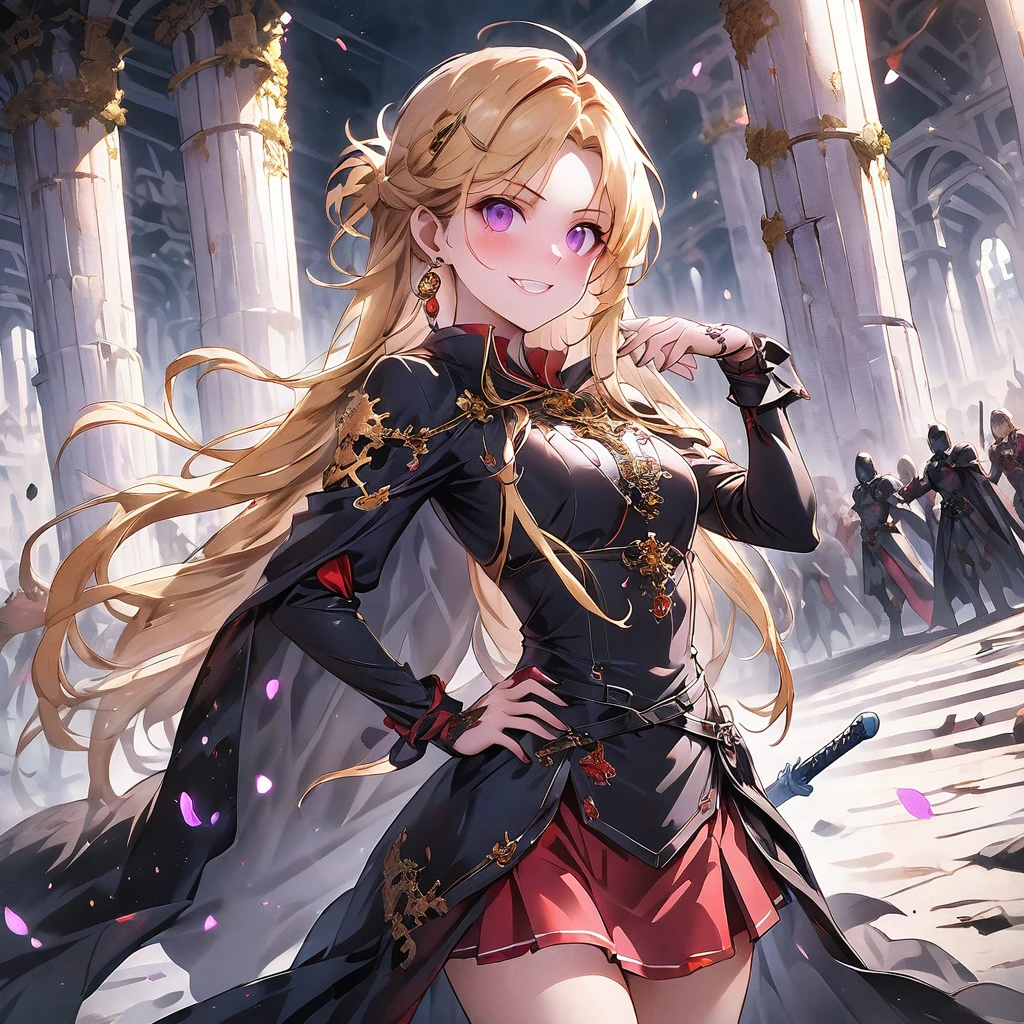 dark persona, ecstasy, looking at viewer, armor, hand on own hip, happy, blush, evil grin, black leg armor, knight, long hair, octagonal yin yang mirror, purple eyes, audience, pillars of purple fire, 1 woman, black cape, runes, black dress, Ruined city, gold decoration, gripping sword in hand, at midnight, gold hair, earring, chains, yin yang, red skirt, beautiful art, depth of field, high res, perfect face, detailed outfit