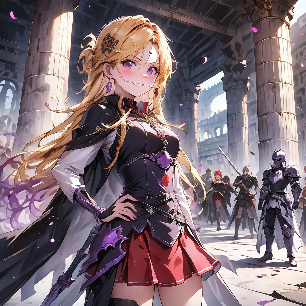 dark persona, ecstasy, looking at viewer, armor, hand on own hip, happy, blush, evil grin, black leg armor, knight, long hair, octagonal yin yang mirror, purple eyes, audience, pillars of purple fire, 1 woman, black cape, runes, black dress, Ruined city, gold decoration, gripping sword in hand, at midnight, gold hair, earring, chains, yin yang, red skirt, beautiful art, depth of field, high res, perfect face, detailed outfit