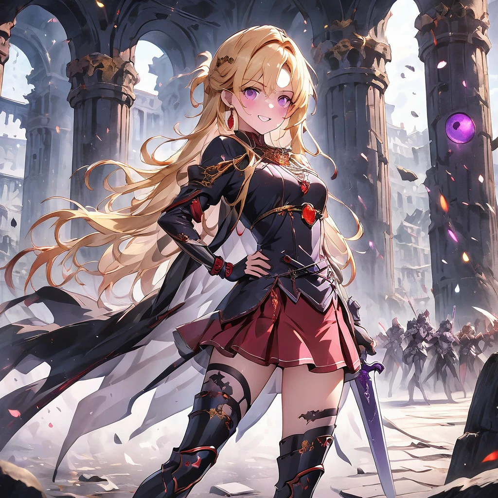 dark persona, ecstasy, looking at viewer, armor, hand on own hip, happy, blush, evil grin, black leg armor, knight, long hair, octagonal yin yang mirror, purple eyes, audience, pillars of purple fire, 1 woman, black cape, runes, black dress, Ruined city, gold decoration, gripping sword in hand, at midnight, gold hair, earring, chains, yin yang, red skirt, beautiful art, depth of field, high res, perfect face, detailed outfit