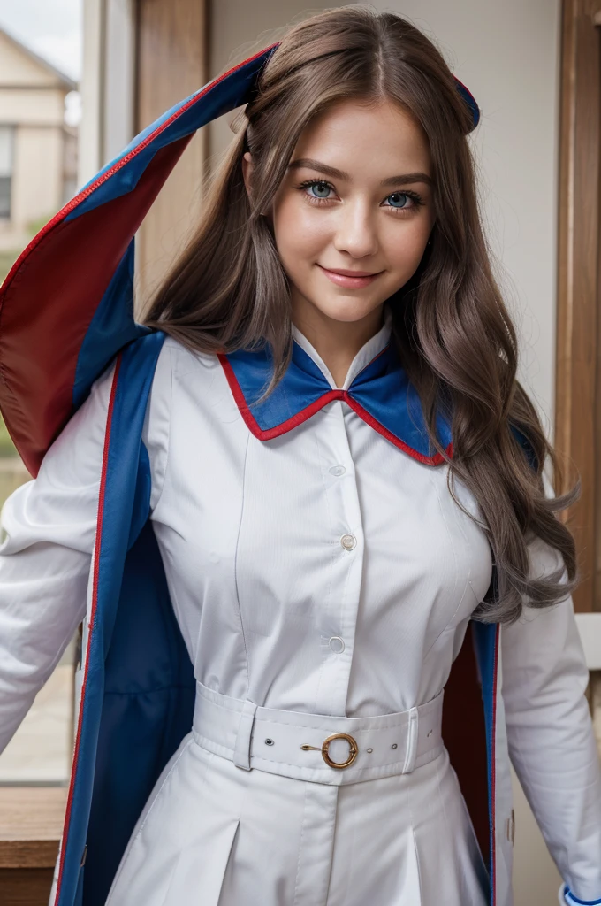 ,colorful,(masterpiece:1,2), best quality, masterpiece, highres, original, extremely detailed wallpaper, 1girl ,smile,solo, grey hair, blue eyes, original_outfits,red cape,white pants, gloves,, uniform,A girl with long brown hair, has brown eyes with long eyelashes, her cheeks are natural red