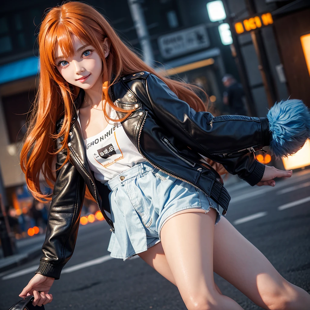 Elementary school girl,smile,Best Quality,8K,Highest quality,cute,fluffy,Angel,Long Hair,leather jacket,blue eyes,美しいcute女の子,Horny girl,Leather shorts,Orange hair color,Latest Fashion,Girl, girl,