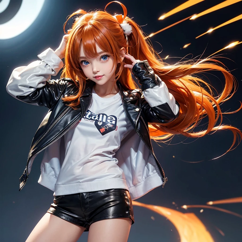 Elementary school girl，smile，Best Quality，8K，Highest quality，cute，fluffy，Angel，Long Hair，leather jacket，blue eyes，美しいcute女の子，Horny girl，Leather shorts，Orange hair color，Latest Fashion，Girl，Loli girl，