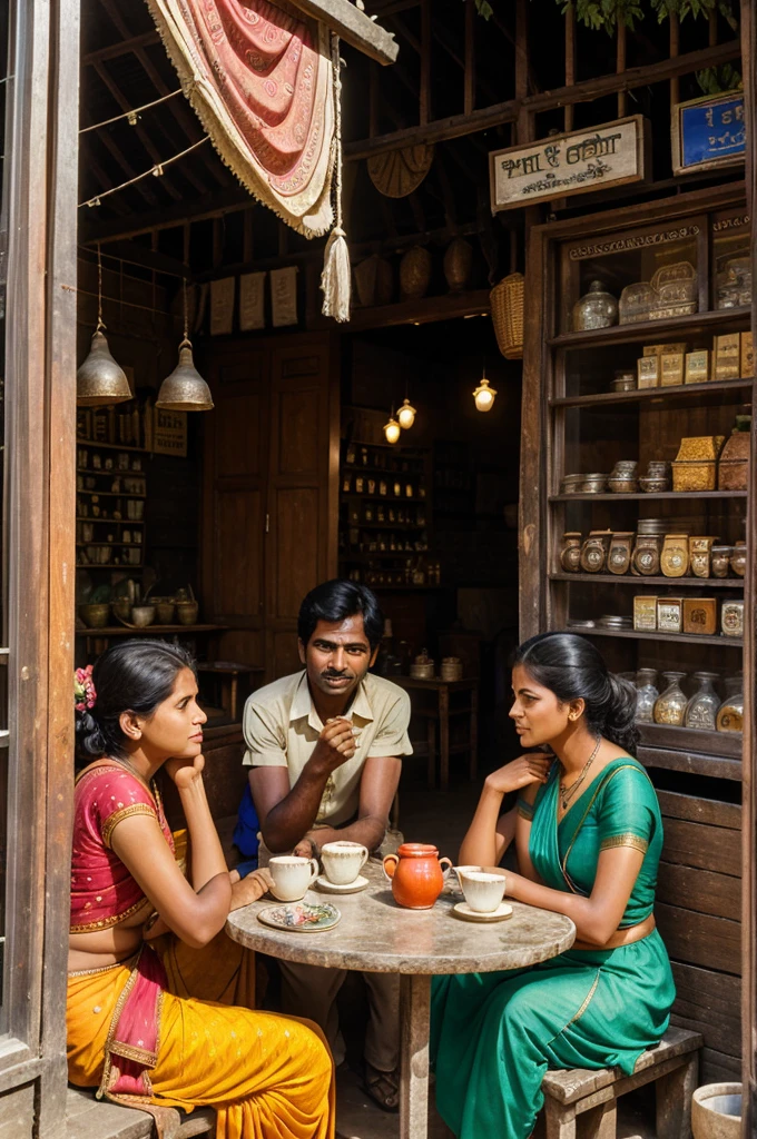 A village of india of the 1970 with a tea shop where some people are discussing something and morning time of 5am