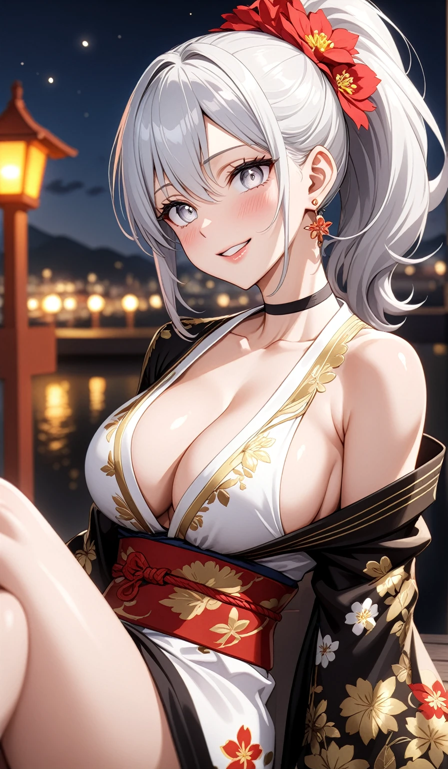 ((One personの女性)), Beautiful Face,Laughing embarrassedly,((Wink:1.7)), ((Sit and cross your legs:1.4)), Laugh with your mouth wide open,((Bright red cheeks:1.4)),Shiny red lips,Night view,rooftop,port,firework,Laughing with your mouth open,Lighting on the face,((Anime style background)),masterpiece, Highest quality, so beautiful,Latest, Complex details, (Pink long nails), (ring),(bracelet),(choker),AI-generated, Complex,High resolution, Highest quality, super high quality,3D Images、3D Images,One person,Long white hair,High Ponytail,((blue eyes)),写真のポーズをとるAnime Women, ((Fine grain、Silvery white eyes、Shining Eyes:1.4)),(Squint your eyes:1.1),a hyperRealistic , hyperRealistic , Realistic,Anime Women,Smooth anime CG art, A woman in a colorful kimono with gold embroidery, (Black long sleeve kimono),Red floral pattern,Long flower hair ornament,Floral Earrings,Mature Body,(Big Breasts:1.1),Tall,Abdominal muscles,Tight waist,(Zoom up to face:1.4), (from side),