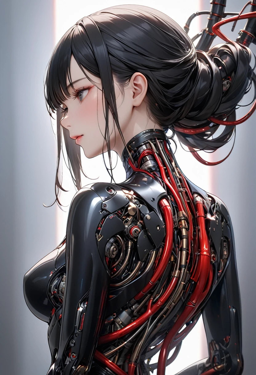 Portrait of a beautiful woman with a black mechanical body,The woman has long black hair,Her black hair is straight, shiny and beautiful.A beautiful mechanical body right down to the neck,The black mechanical body is a beautiful and realistic mechanical depiction.Red blood vessel-like thin tubes They are connected in many ways like art on the neck, spine, waist, etc.The background is black, and the light coming from the background mysteriously illuminates the woman's body and the tubes.The woman's body arches back, creating a beautiful line, her face is impersonal,medical expressions,Side view,(Masterpiece, Best Quality4k、8k,:1.2)、High quality, high precision images,Ultra detail,