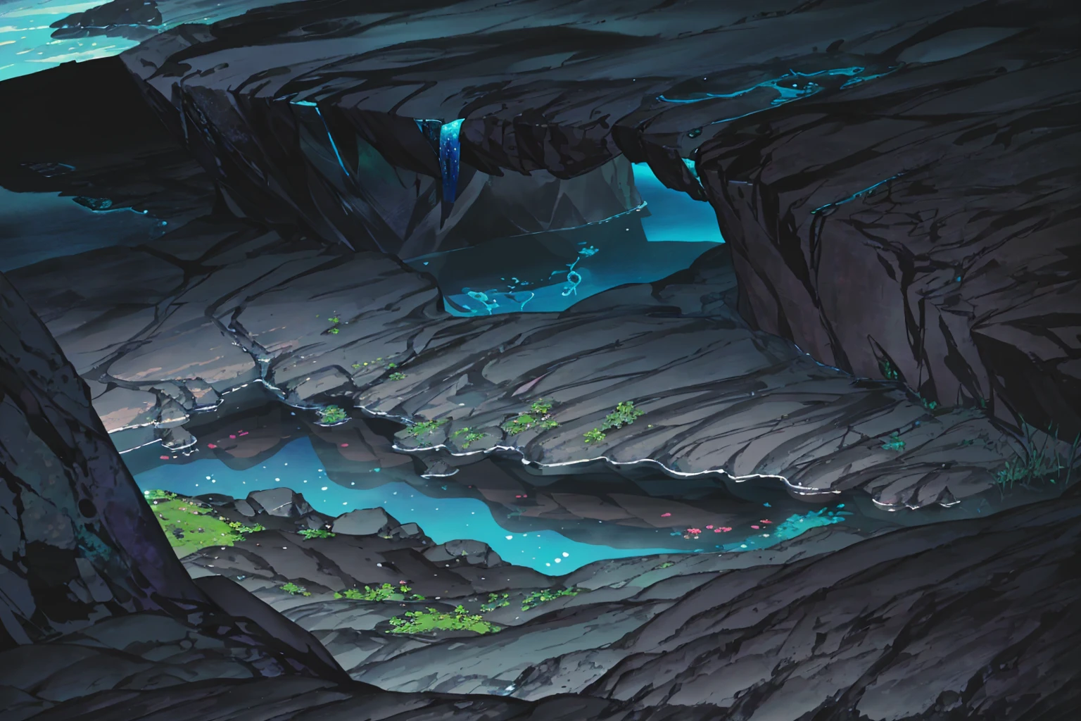 summer, blue lava rock area, blue lava rock formation, (illustration : 1.0), Narrative composition, realistic lighting, HD detail, masterpiece, best quality best, (Highly detailed CG integrated 8k wallpaper), wide and flat rocky area, A small, sharp, rough rock at the top of the screen., Blue liquid flowing through a crevice in the rock,