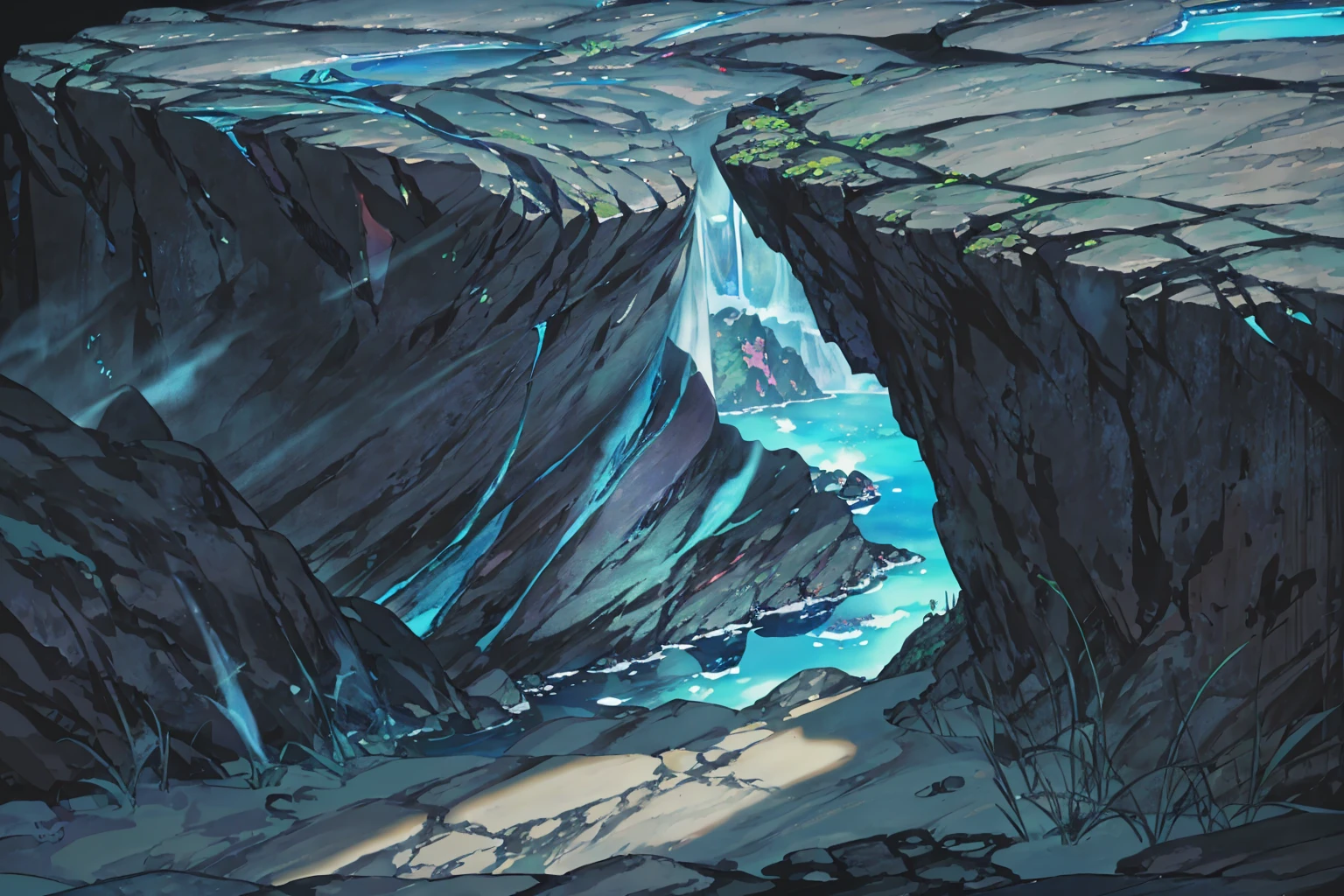 summer, blue lava rock area, blue lava rock formation, (illustration : 1.0), Narrative composition, realistic lighting, HD detail, masterpiece, best quality best, (Highly detailed CG integrated 8k wallpaper), wide and flat rocky area, A small, sharp, rough rock at the top of the screen., Blue liquid flowing through a crevice in the rock,