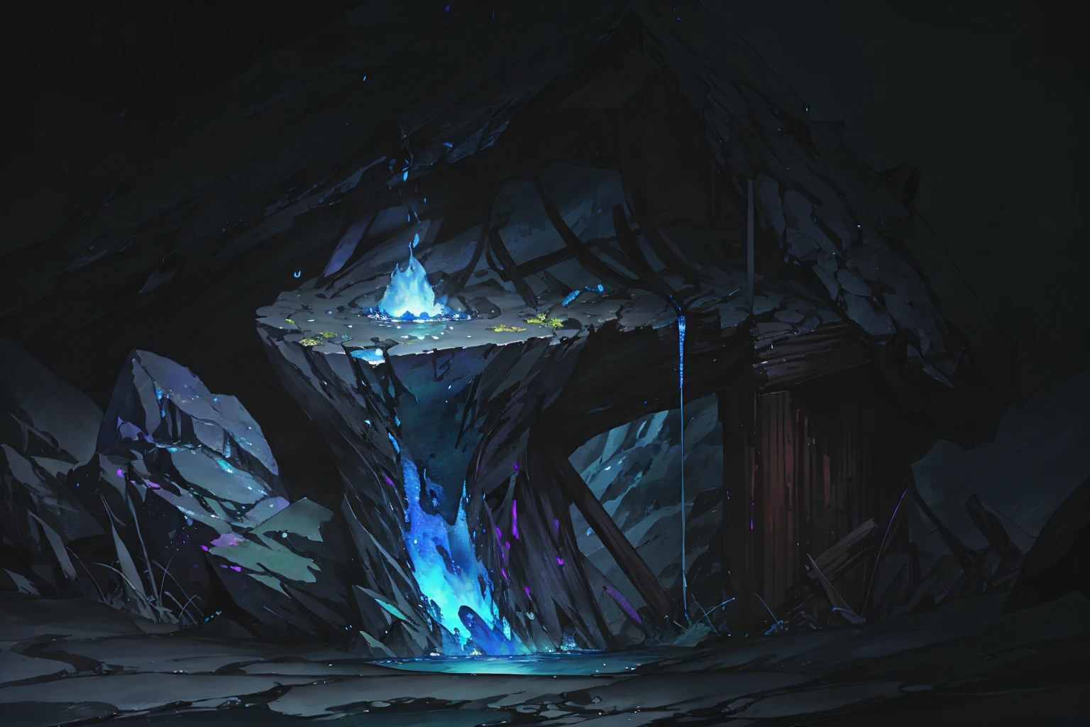 summer, blue lava rock area, blue lava rock formation, (illustration : 1.0), Narrative composition, realistic lighting, HD detail, masterpiece, best quality best, (Highly detailed CG integrated 8k wallpaper), wide and flat rocky area, A small, sharp, rough rock at the top of the screen., Blue liquid flowing through a crevice in the rock,