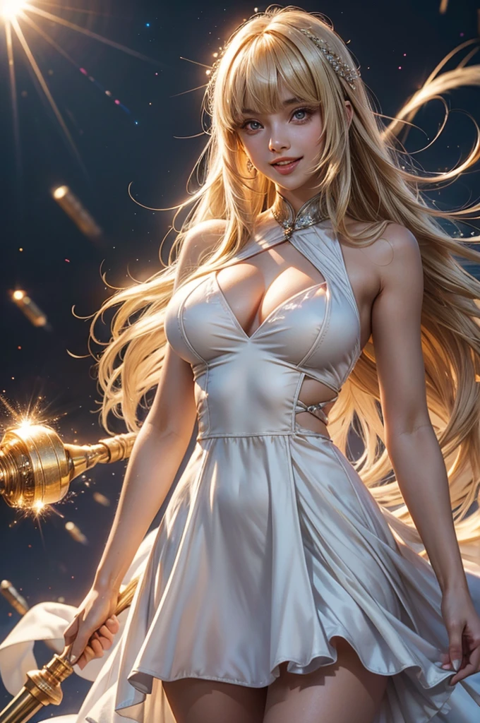 Perfect human body modeling, 1girl, pretty face, blunt bangs, Long hair, drill hair, twin drills, blonde hair, shiny hair, glow eyes, jitome, brown eyes, tsurime, white skin, huge breasts, Short body, ight particles, light sparkles, lens flare, Light particles, Magic light, strong light, gorgeous dress, Princess Dresses, loud laughter, A young lady mocks those of low status