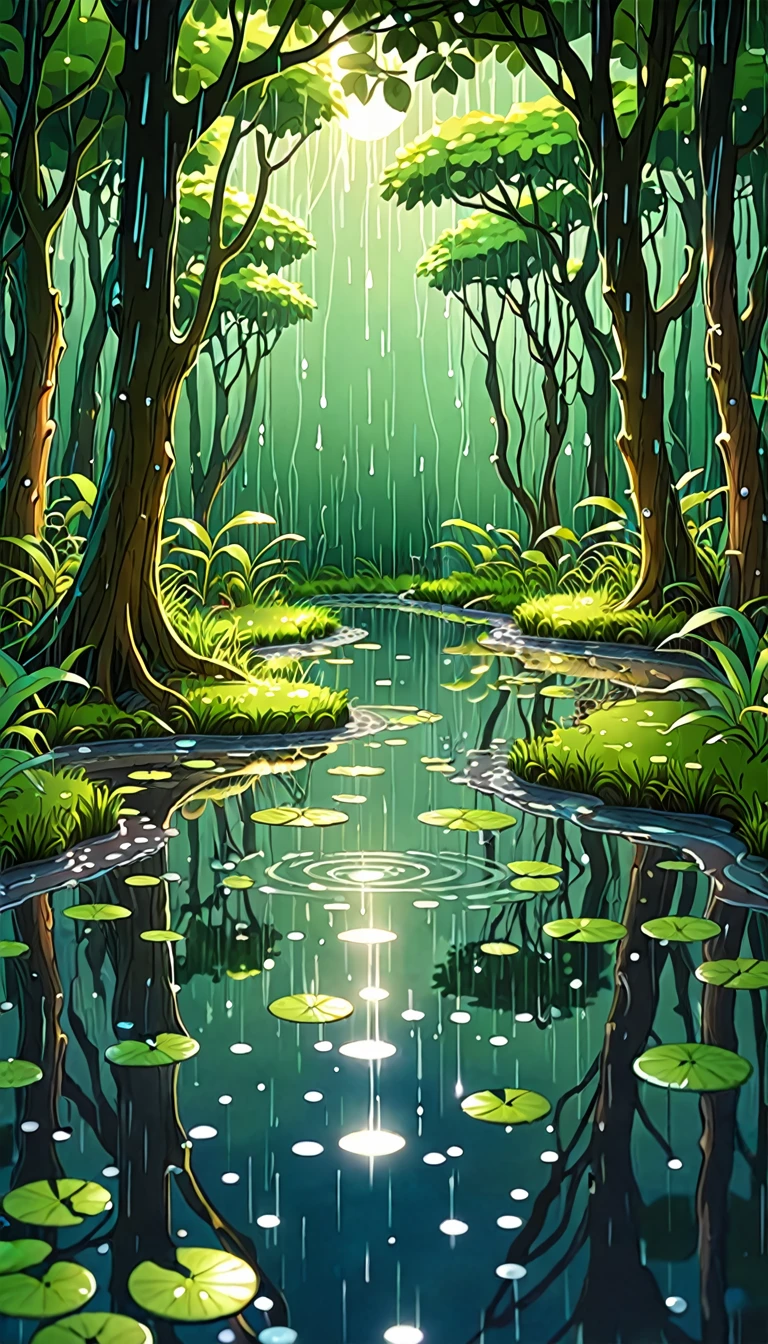 A fairy forest with light rain、Ripple in a puddle