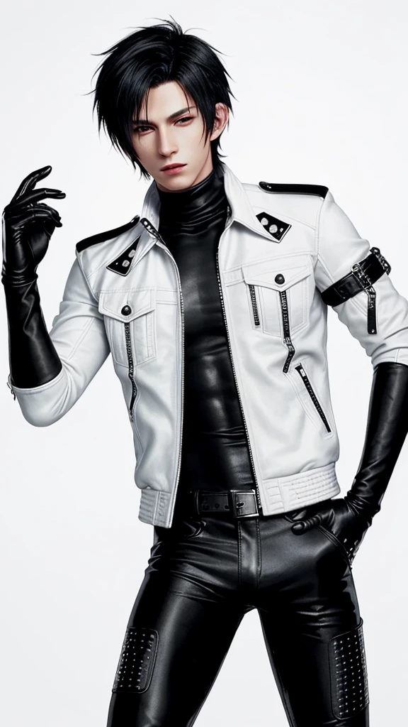 Final fantasy taste and reality graphics, Japanese young cute and cool ikemen boy, his age is early 20s, thin eyebrows and beady eyes, he wearing off white color leather thick singlebrest biker jacket, with epaulet, jacket front is zipped up, jacket is biker style, , jacket collar is high length stand-up collar with belts, jacket is a little black line pattern,close the front of the jacket, also wearing black thick turtleneck lackluster shirts, tight black leather pants, shiny black leather tight and thin glove, black leather knee-high raceup boots,must views head-to-toe,must views whole body, boy looks like fashion model,Do not show skin from the neck down,leather jacket leather glove and leather pants have few wrinkles,boy in the room,